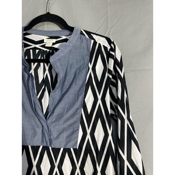 J Crew Tunic Top Womens Small Black White Bib V Neck Lightweight Diamond Boho - Picture 5 of 9